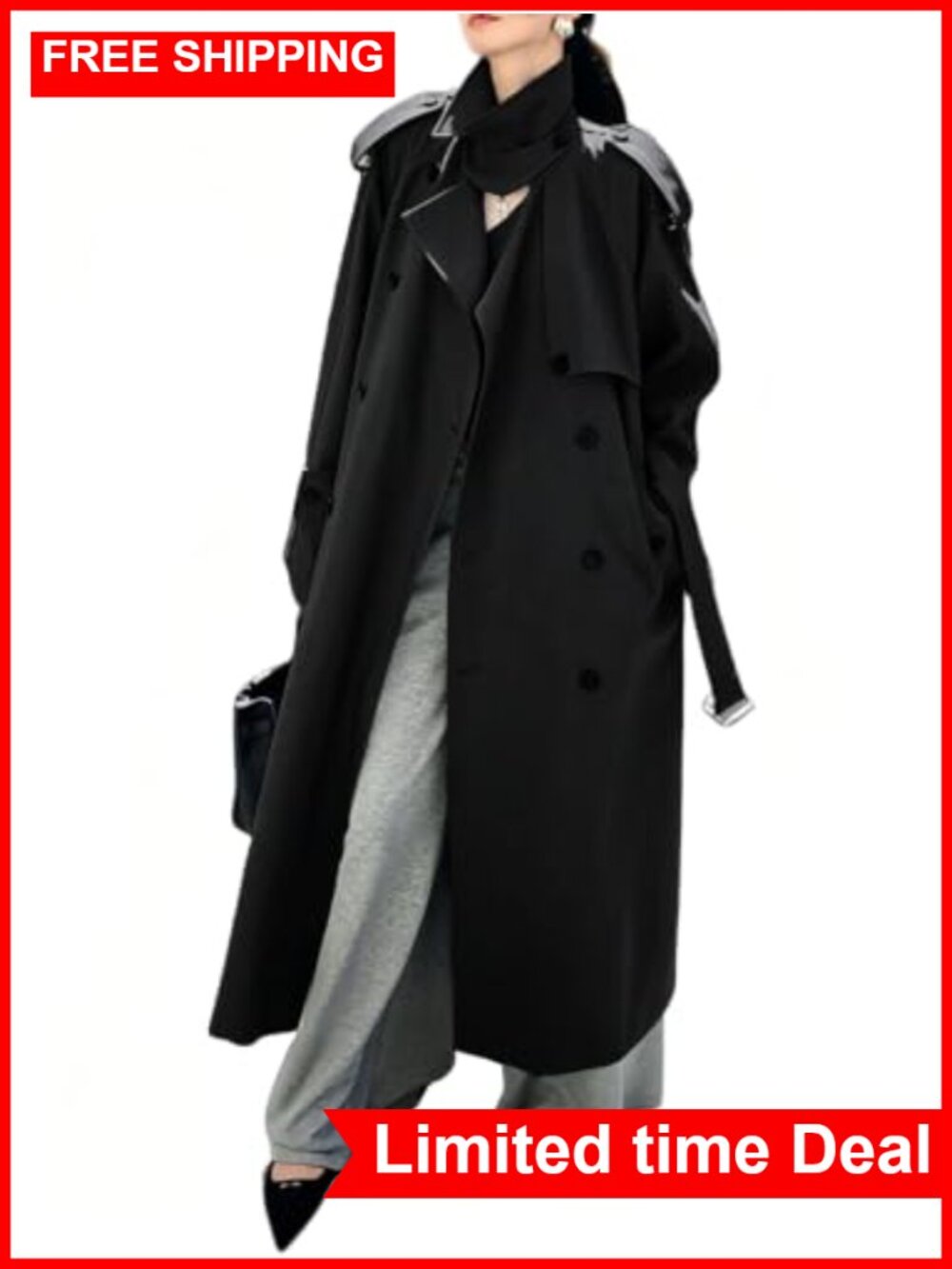 Womens Double Breasted Trench Coat Belted Windproof Long Overcoat
